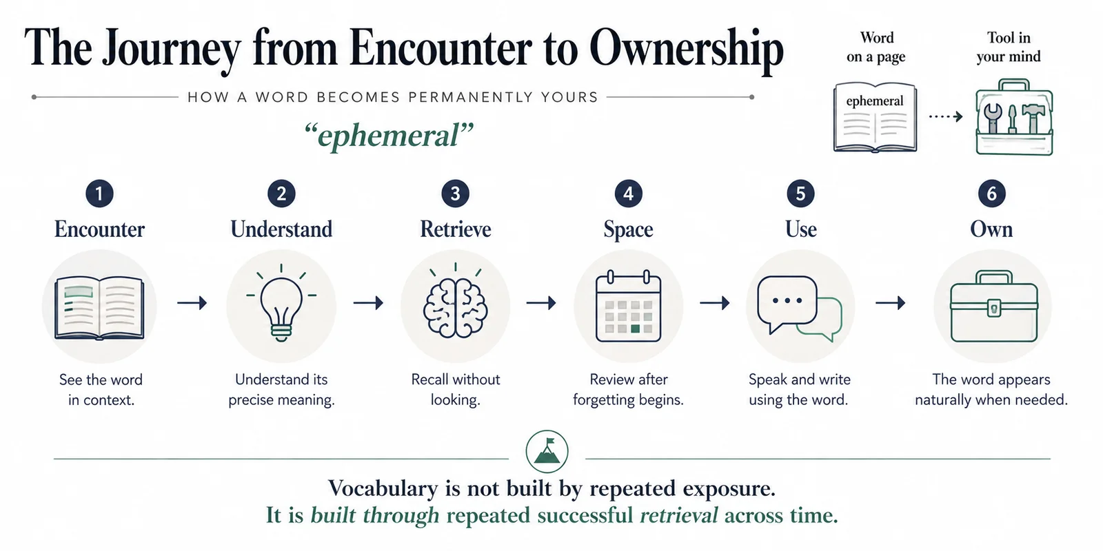 Six-step journey from encounter to ownership: Encounter, Understand, Retrieve, Space, Use, Own, illustrated with the word ephemeral moving from a word on a page to a tool in your mind