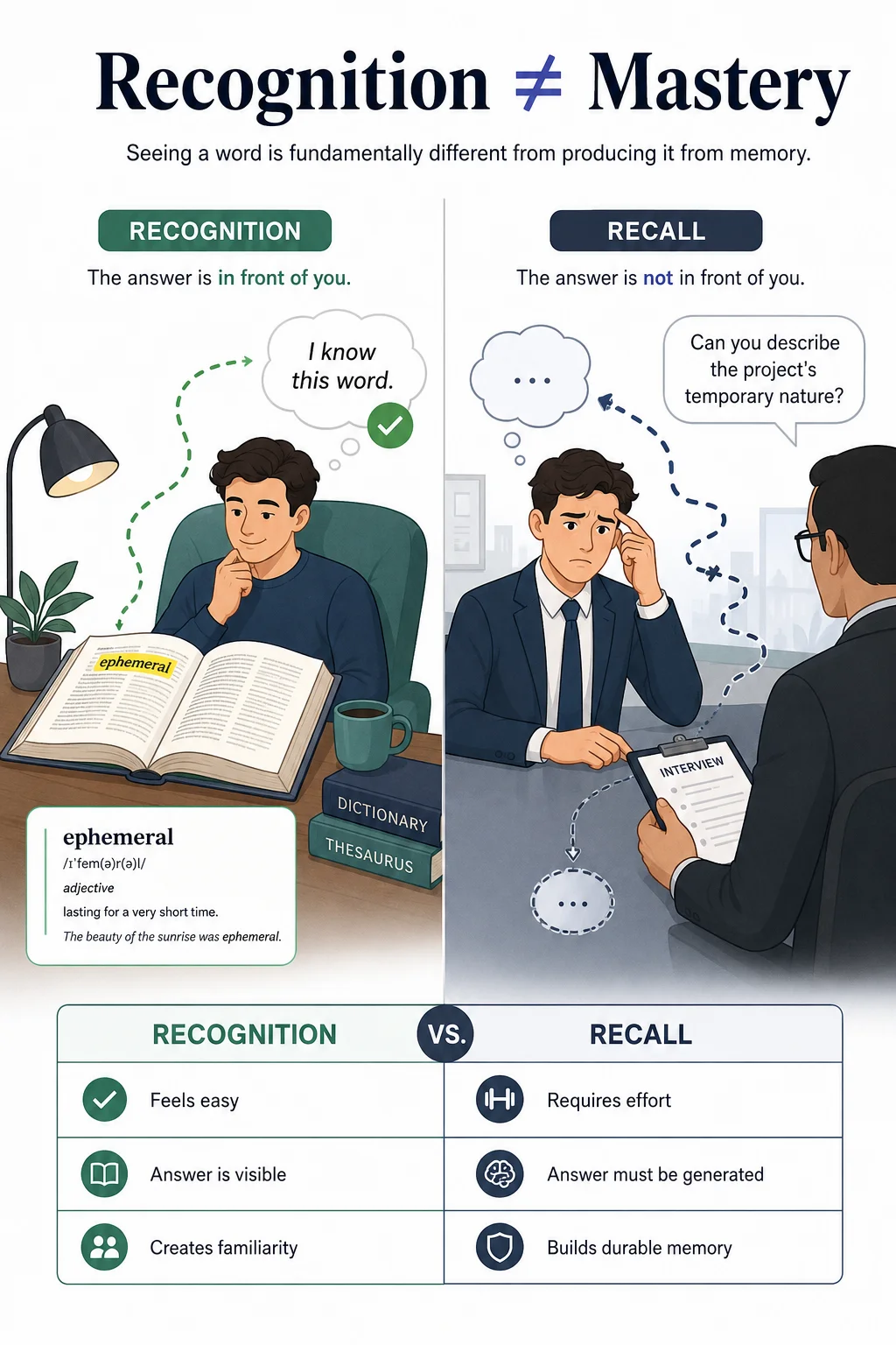 Diagram contrasting Recognition (feels easy, answer visible, creates familiarity) with Recall (requires effort, answer must be generated, builds durable memory), using the word ephemeral as the running example